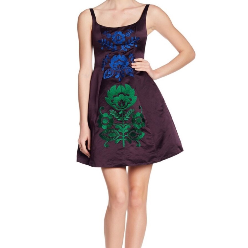 Cynthia Rowley Fit and Flare Embroidered Satin Duchess Dress